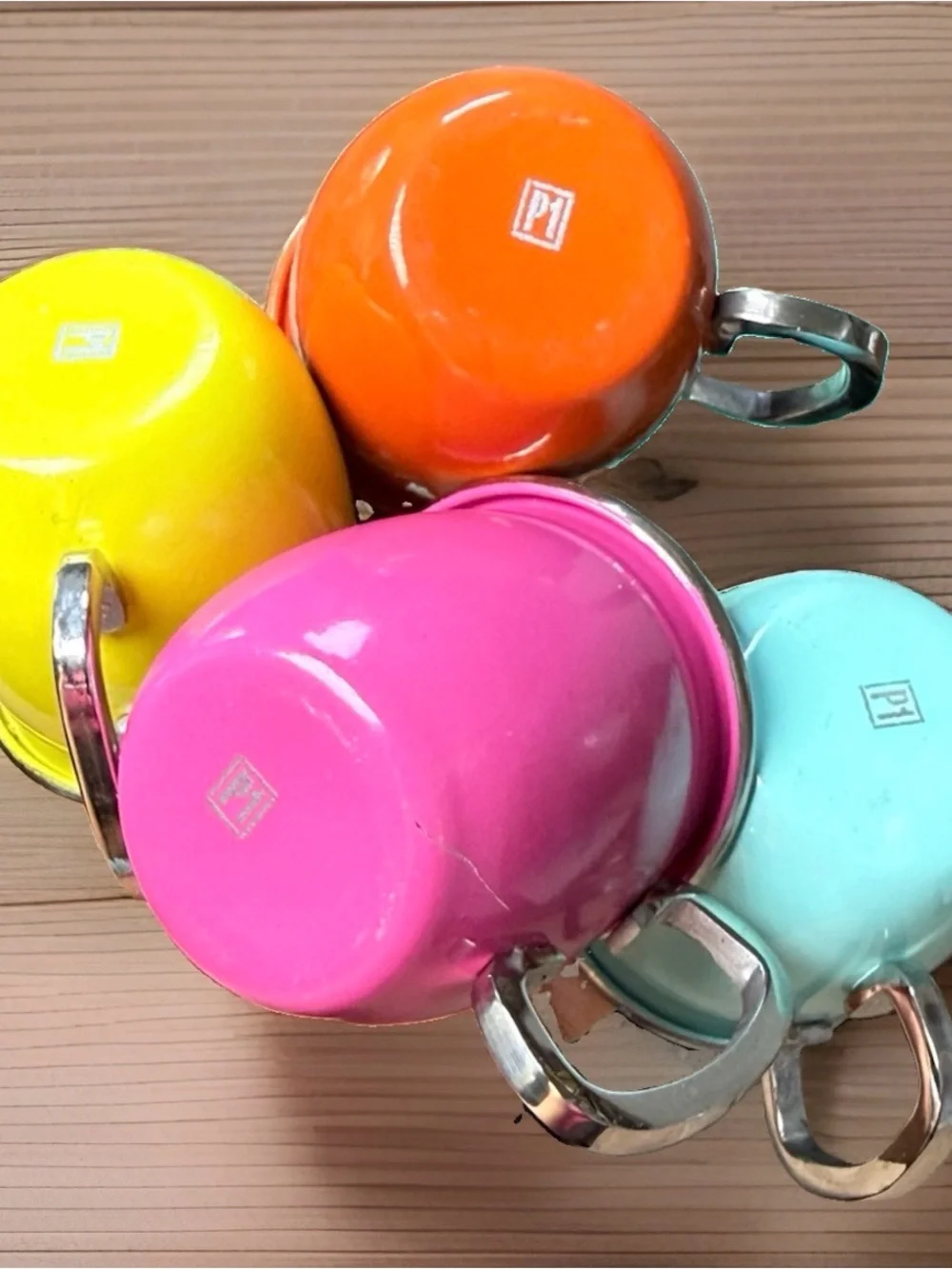 Vintage Pier 1 Bright Enamel Espresso Cups Set - Yellow, Orange, Pink, Aqua